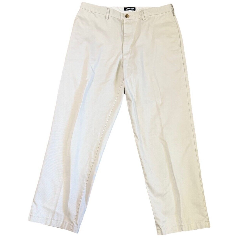 Lands End Traditional Fit Pants 33 x 28 Khaki Chinos Flat Front Straight Cotton